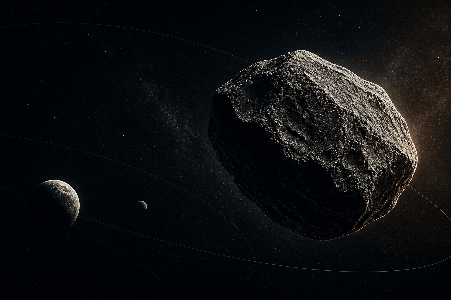 Artist's impression of asteroid 2024 YR4 passing through the Earth–Moon system